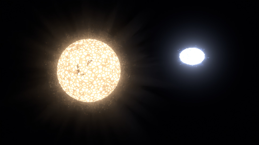 A binary star system consisting of a large yellow star and a fast-rotating blue companion